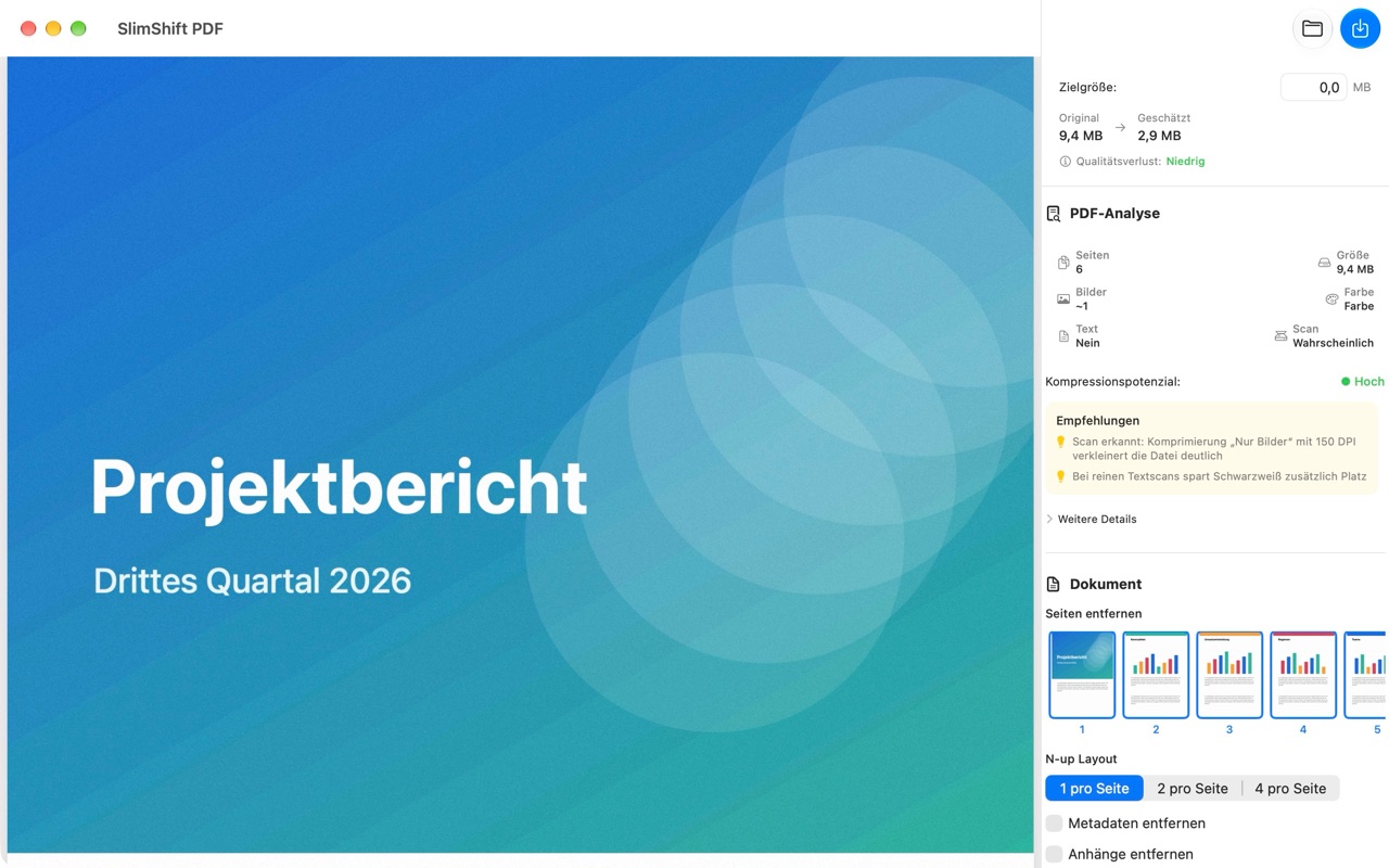 SlimShift PDF mit einem geöffneten 9,4 MB großen Scan: Die Seitenleiste zeigt die geschätzte Größe von 2,9 MB, die PDF-Analyse mit hohem Kompressionspotenzial und die Seitenvorschau.