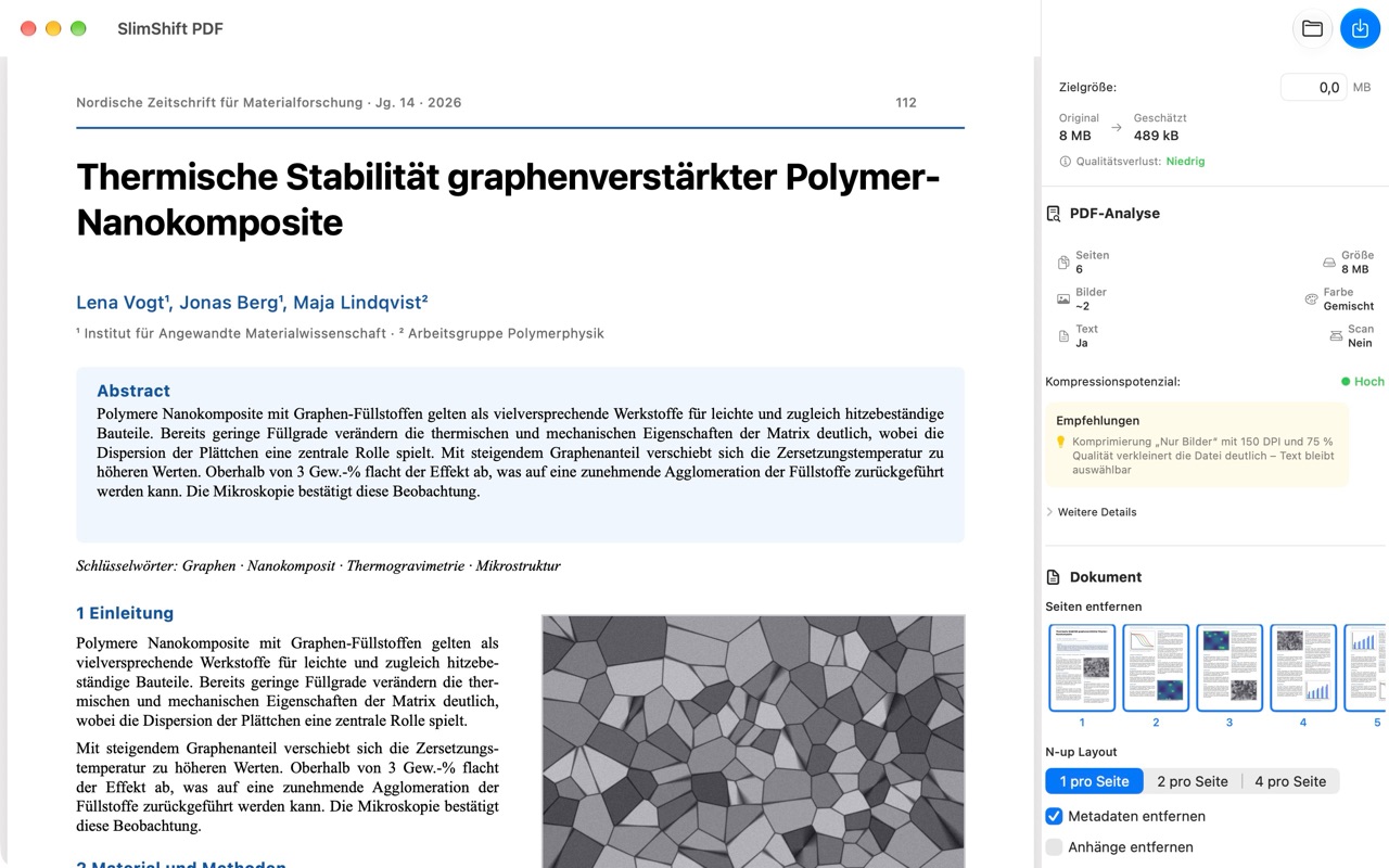 SlimShift PDF mit einem wissenschaftlichen Artikel: 8 MB werden auf geschätzte 489 kB verkleinert, Metadaten werden entfernt.
