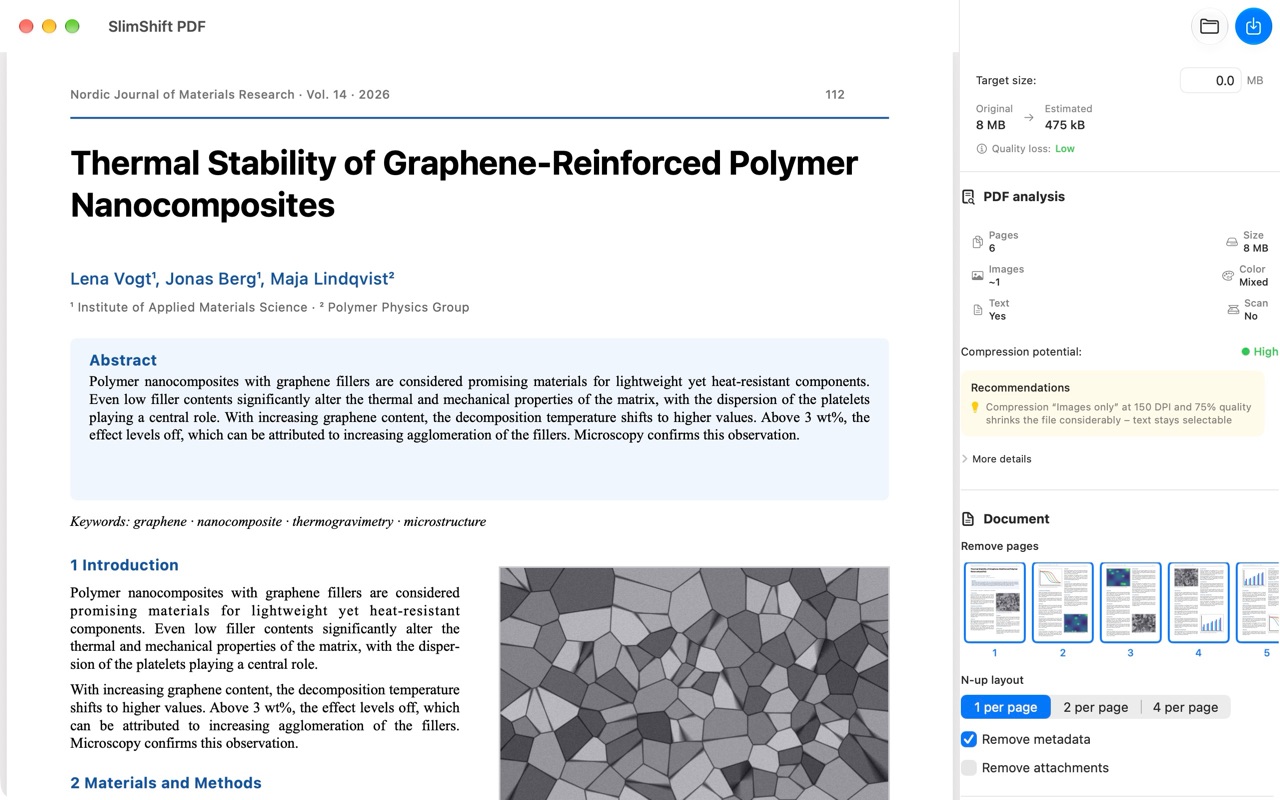 SlimShift PDF with a scientific article: 8 MB shrinks to an estimated 475 kB, metadata is removed.