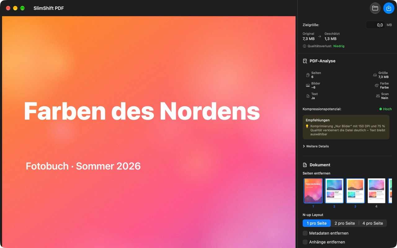 SlimShift PDF im Dark Mode mit einem farbigen Fotobuch: 7,3 MB werden auf geschätzte 1,3 MB verkleinert, Seite 4 ist vom Export ausgeschlossen.