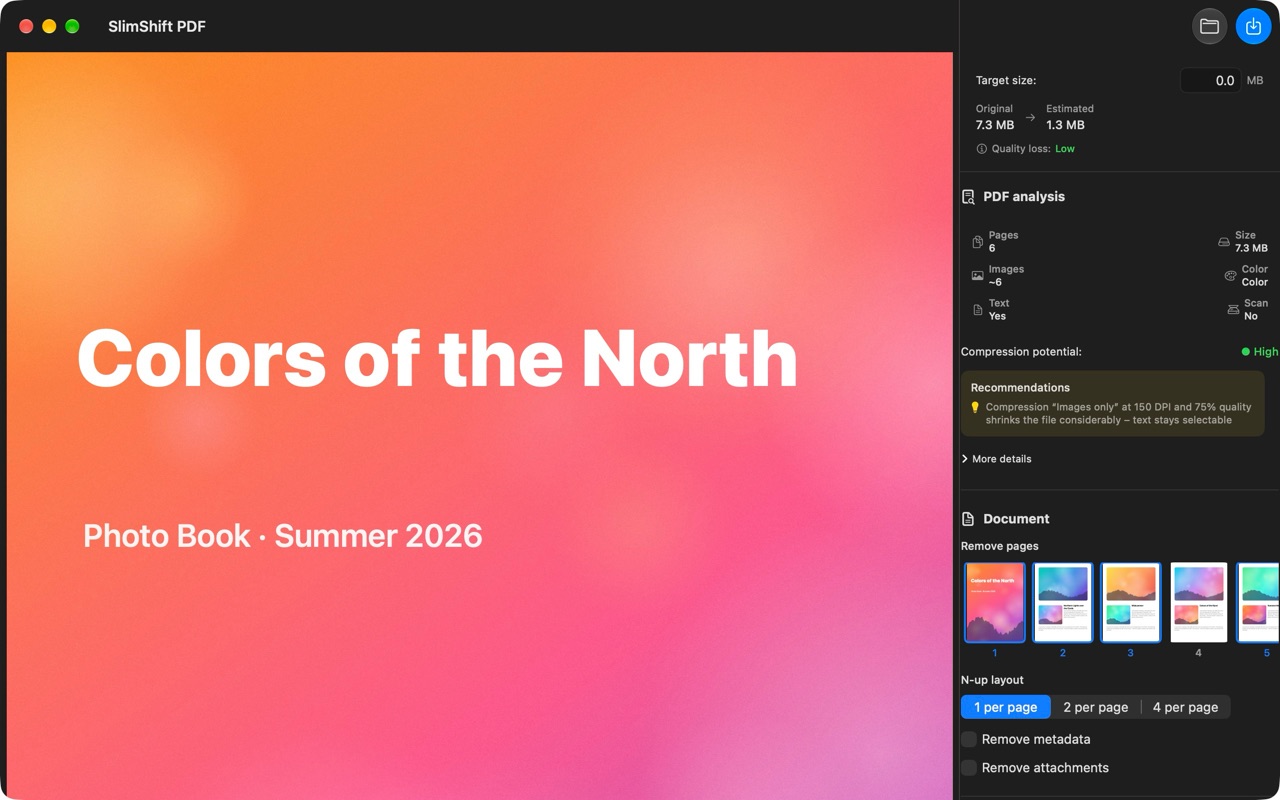 SlimShift PDF in Dark Mode with a colorful photo book: 7.3 MB shrinks to an estimated 1.3 MB, page 4 is excluded from the export.